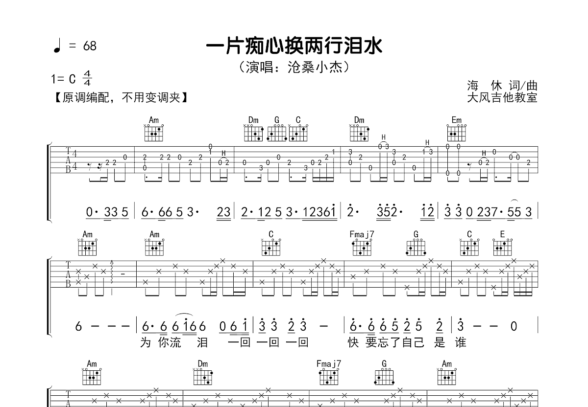 一片痴心换两行泪水吉他谱预览图