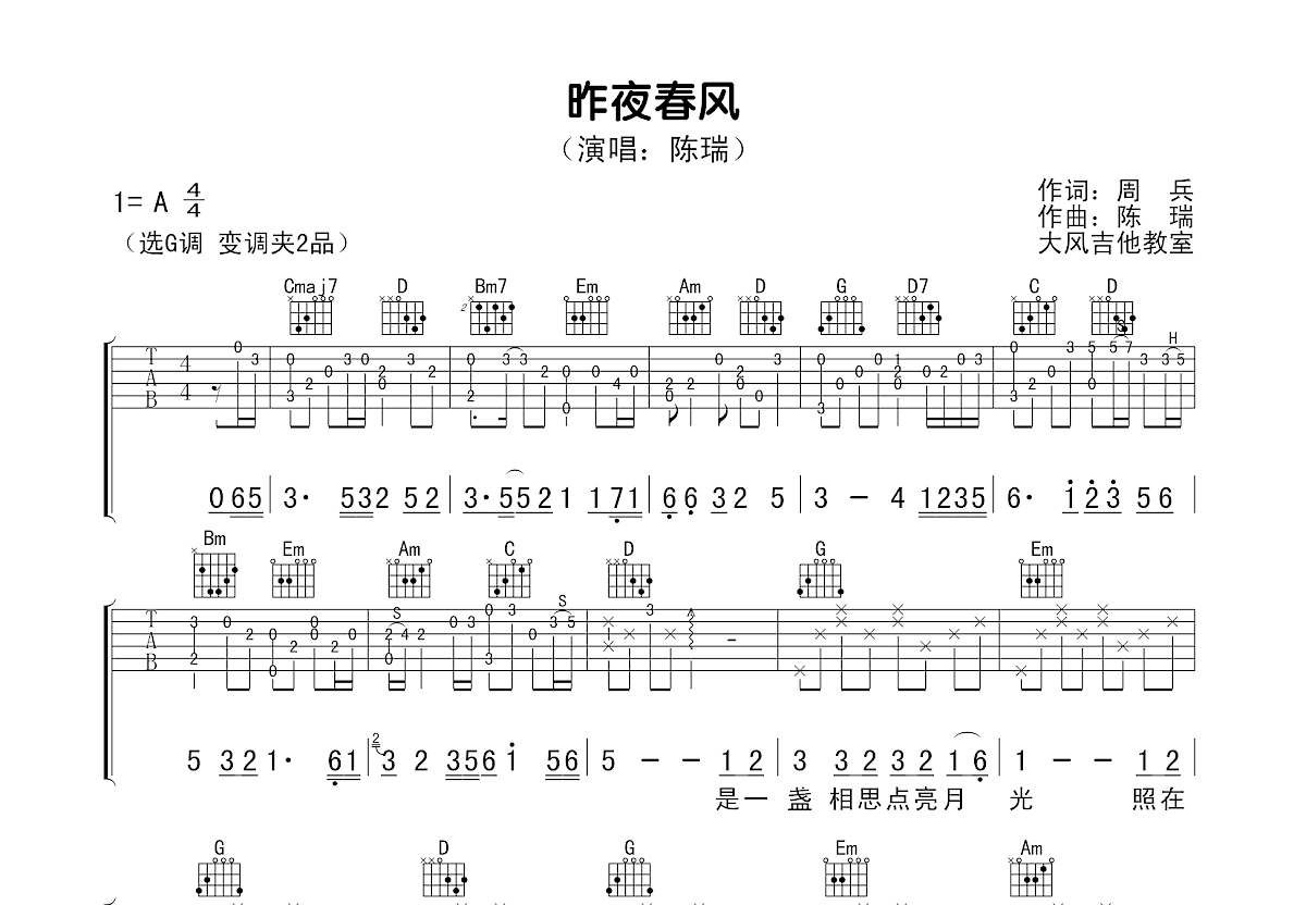 昨夜春风吉他谱预览图