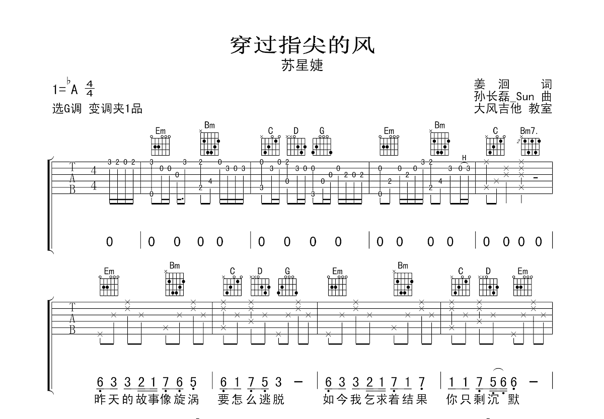 穿过指尖的风吉他谱预览图