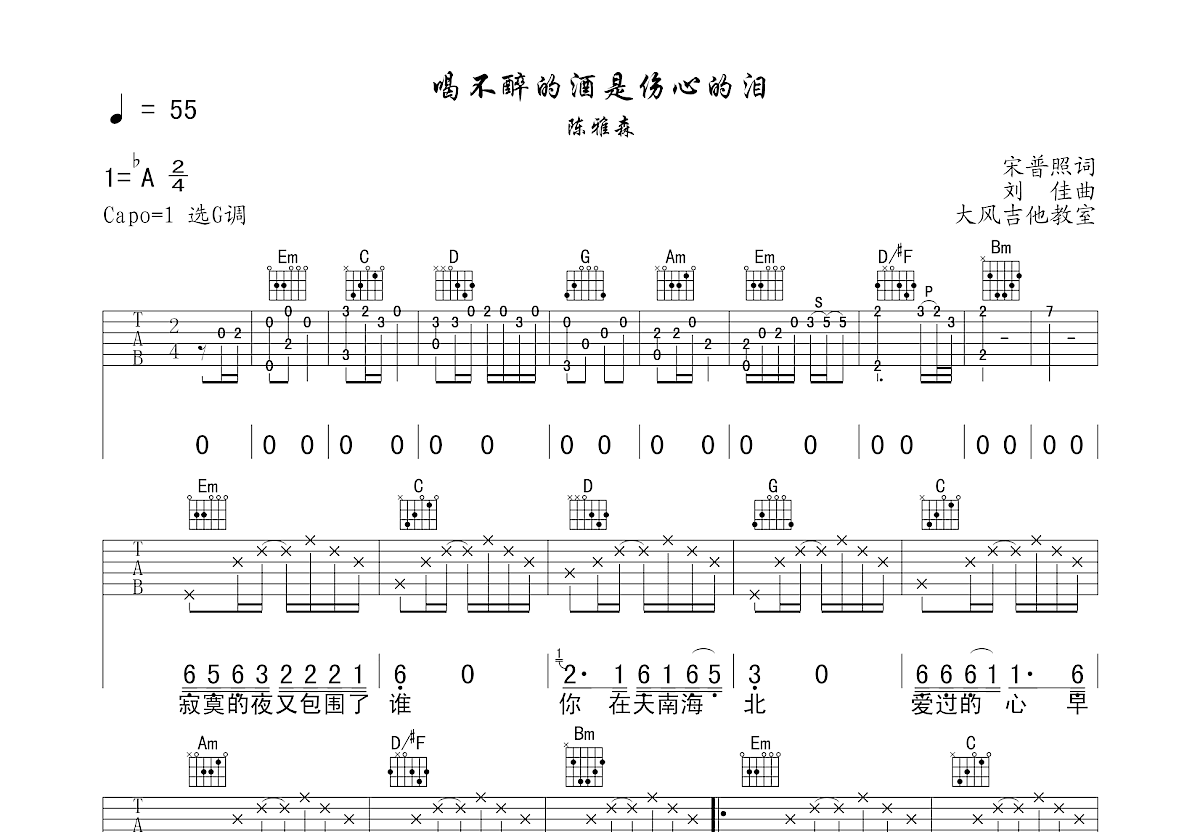 喝不醉的酒是伤心的泪吉他谱预览图