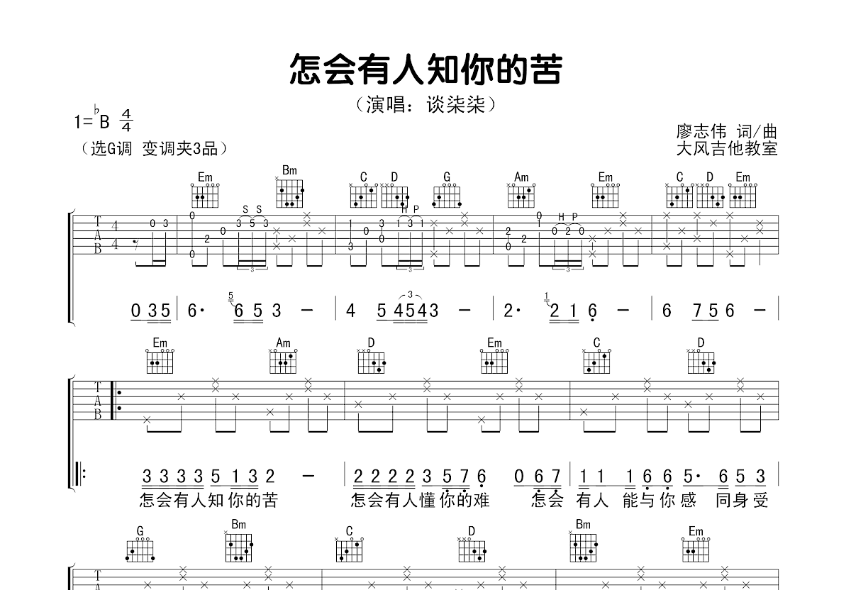 怎会有人知你的苦吉他谱预览图