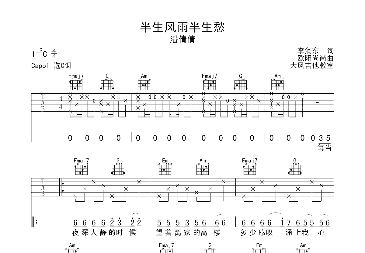 半生风雨半生愁吉他谱预览图