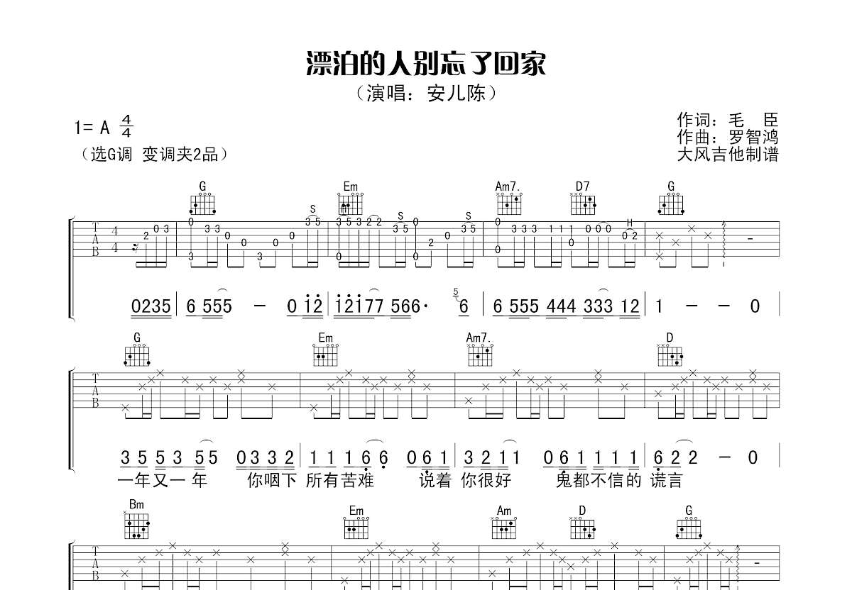 漂泊的人别忘了回家吉他谱预览图