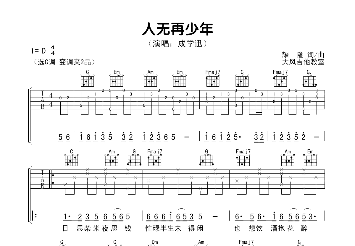 人无再少年吉他谱预览图