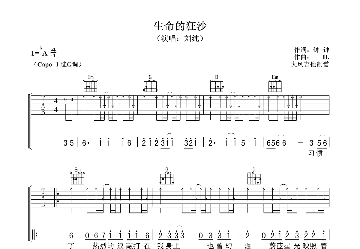 生命的狂沙吉他谱预览图