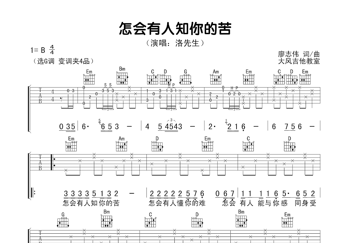 怎会有人知你的苦吉他谱预览图