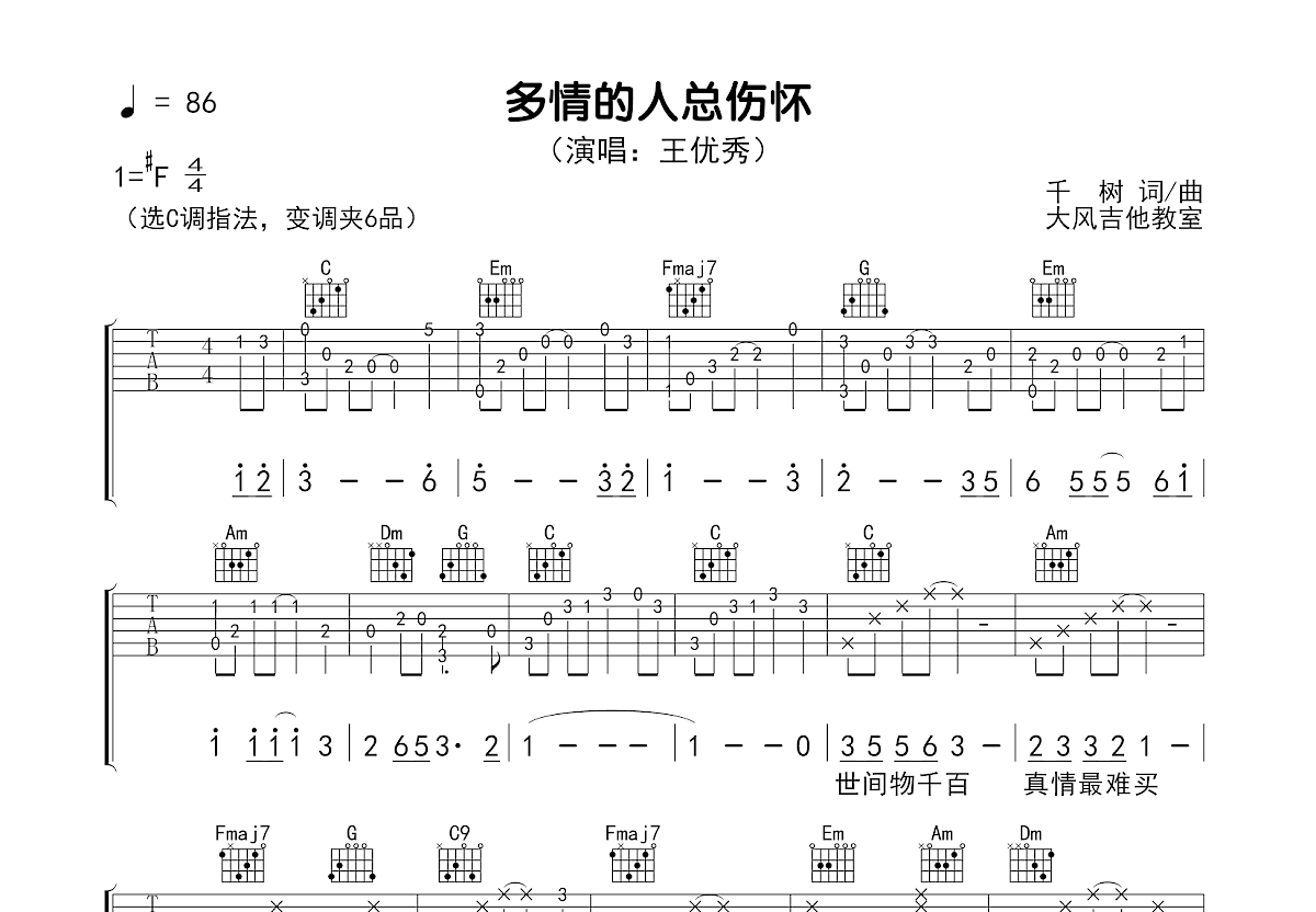 多情的人总伤怀吉他谱预览图