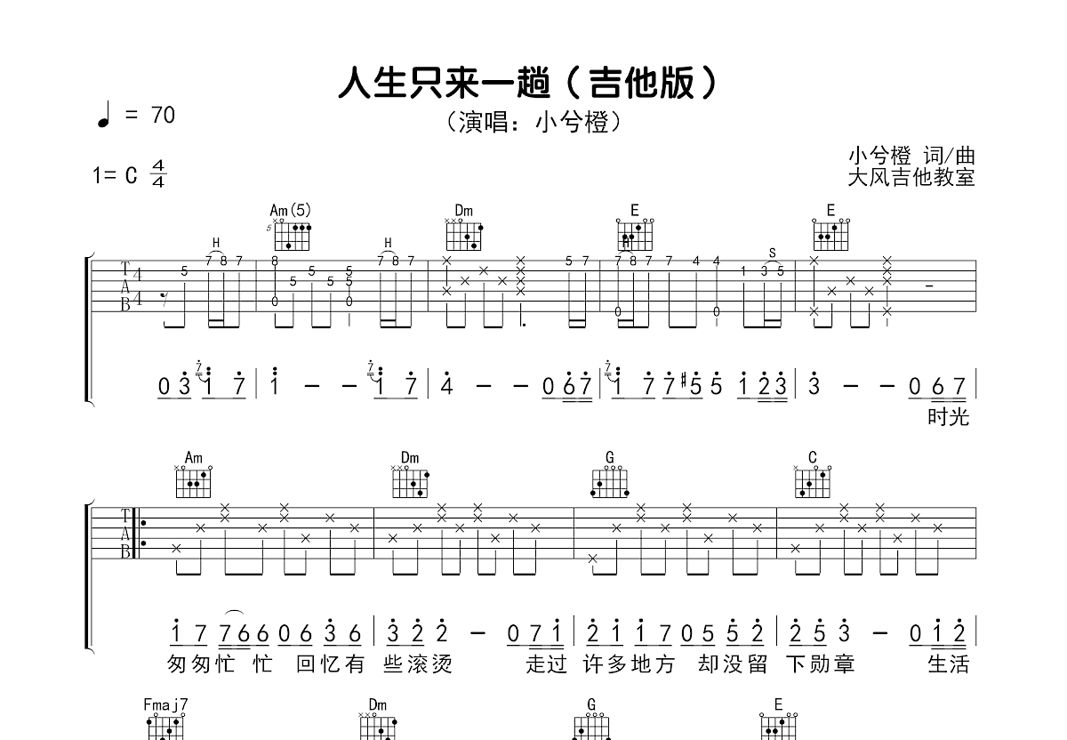 人生只来一趟吉他谱预览图