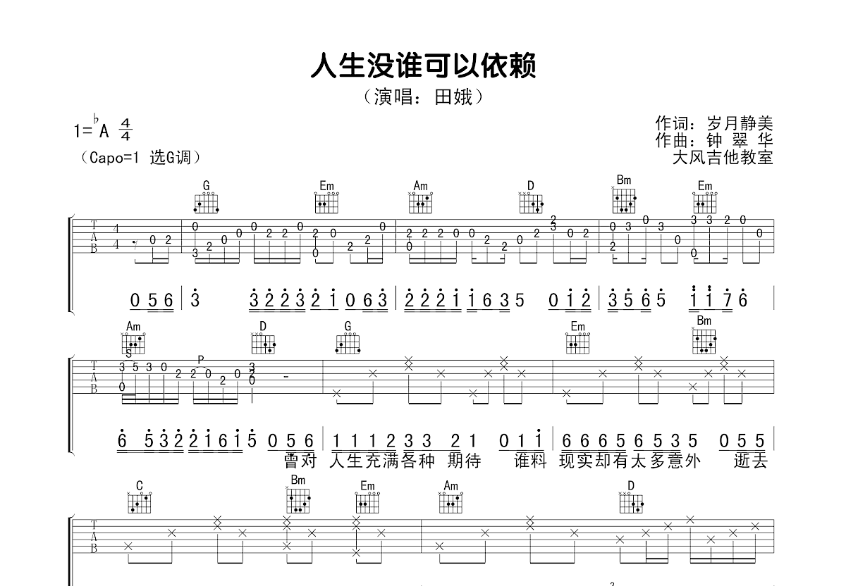 人生没谁可以依赖吉他谱预览图