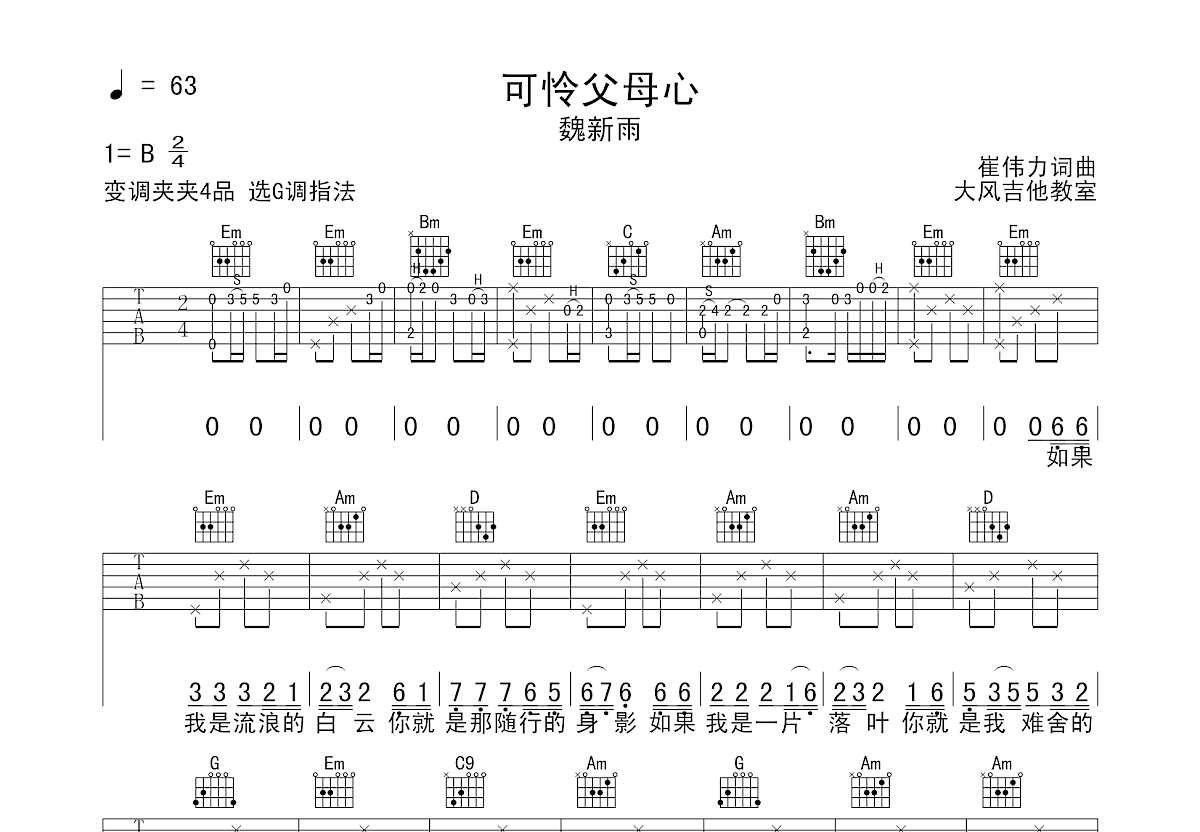 可怜父母心吉他谱预览图