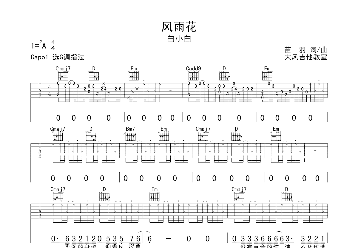 风雨花吉他谱_白小白_G调弹唱