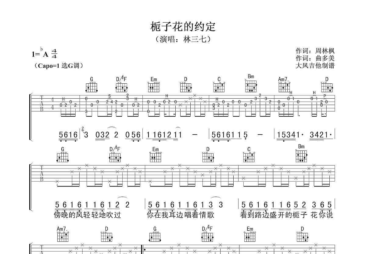 栀子花的约定吉他谱预览图