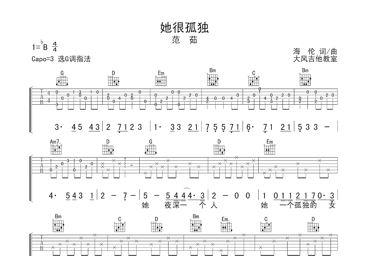 她很孤独吉他谱预览图