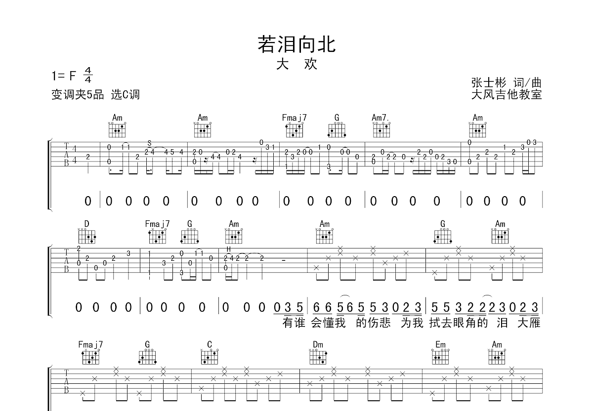 若泪向北吉他谱预览图