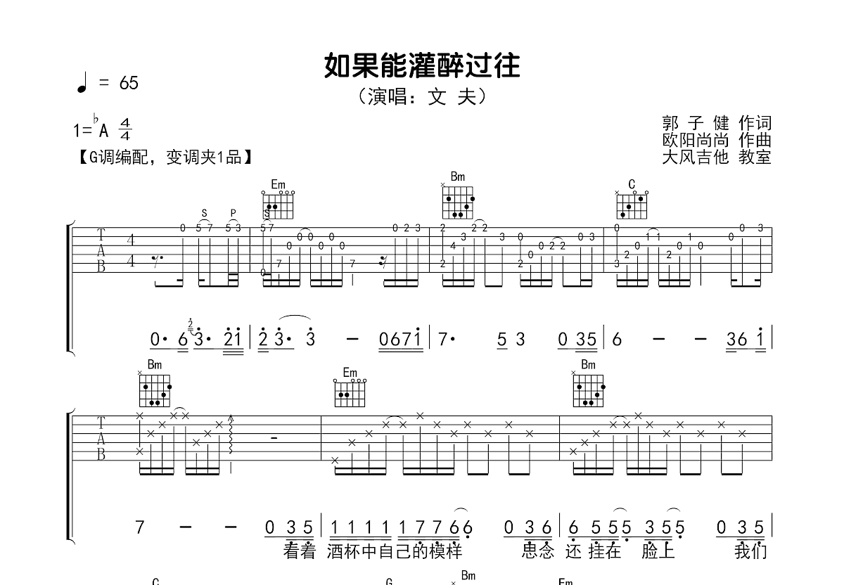 如果能灌醉过往吉他谱_文夫_G调弹唱