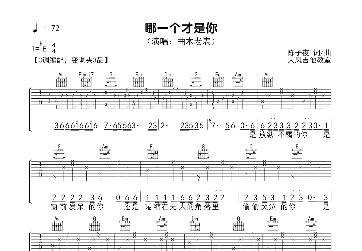 哪一个才是你吉他谱_曲木老表_C调弹唱