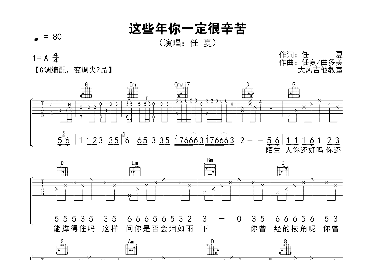 这些年你一定很辛苦吉他谱_任夏_G调弹唱