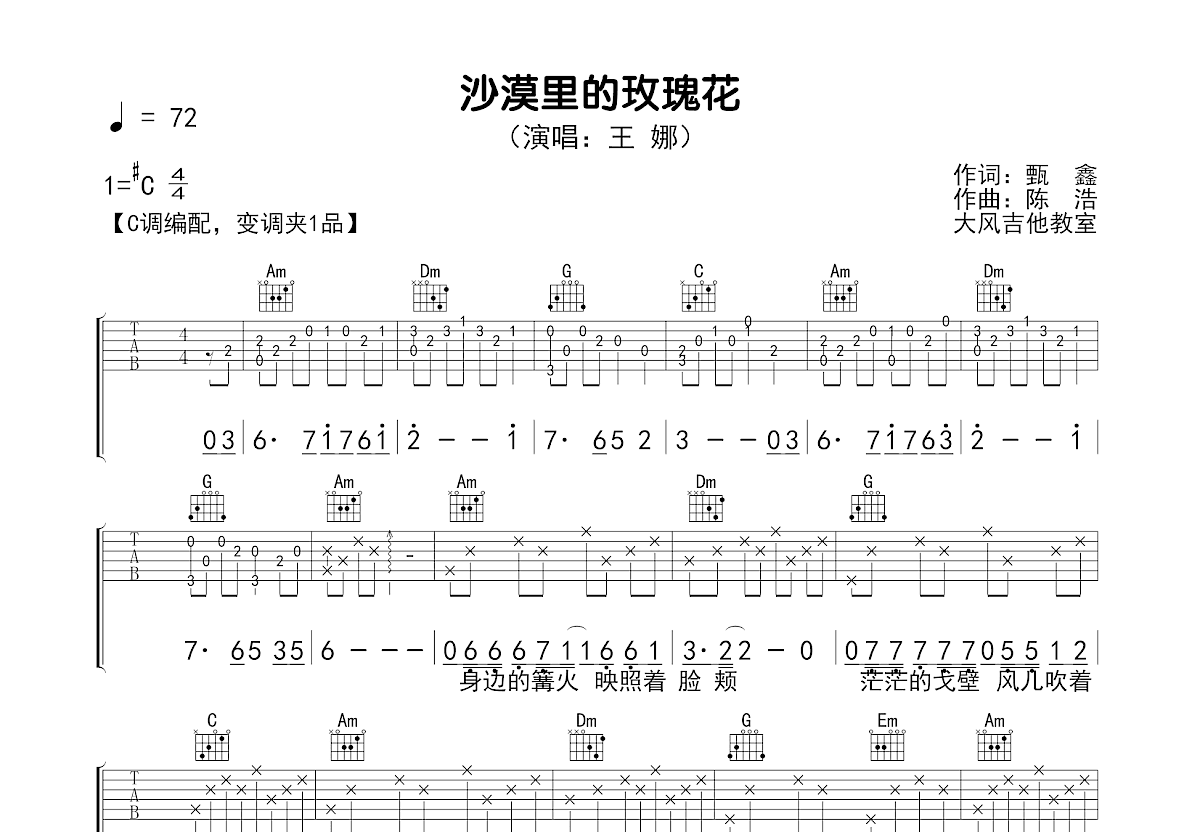 沙漠里的玫瑰花吉他谱_王娜_C调弹唱