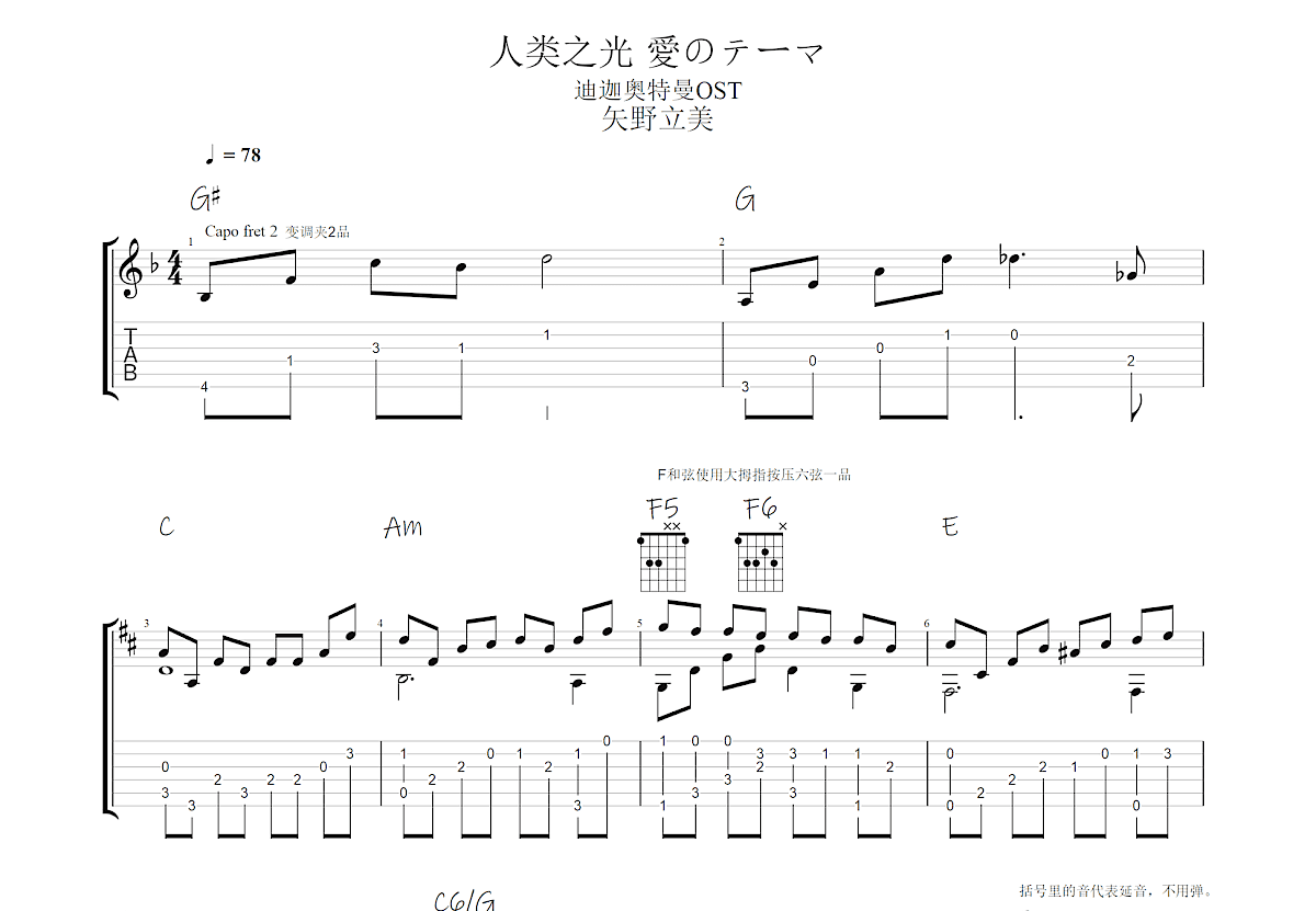 人类之光 愛のテーマ吉他谱预览图