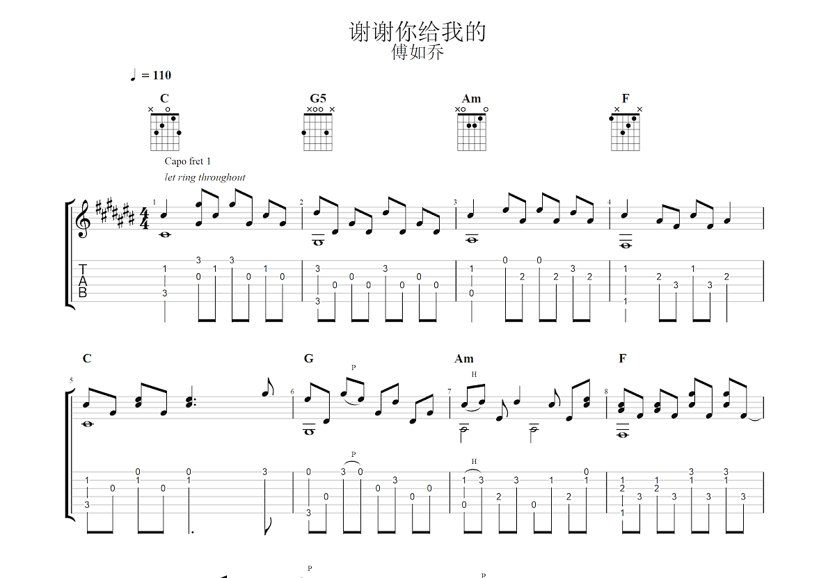 谢谢你给我的吉他谱预览图
