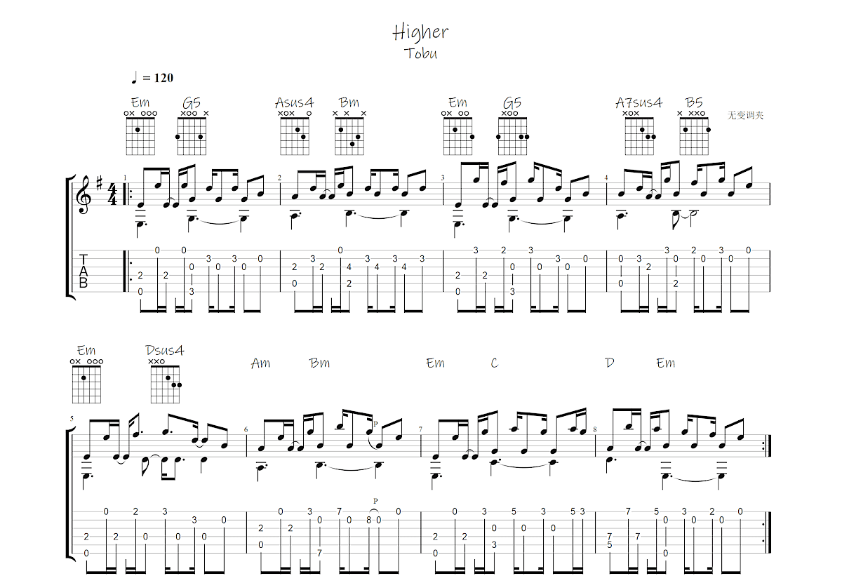 higher吉他谱预览图