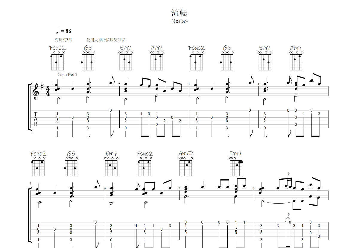 流转吉他谱_Noras_C调指弹