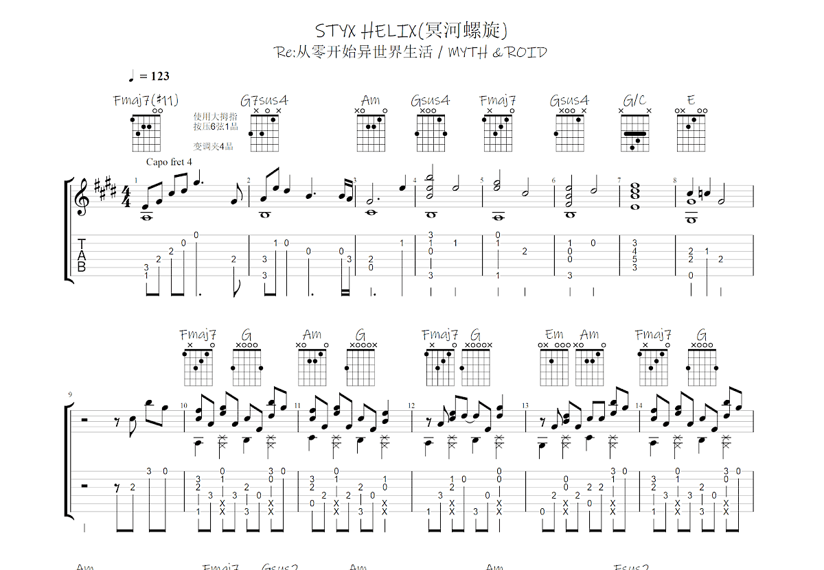 STYX HELIX吉他谱_MYTH & ROID_C调指弹