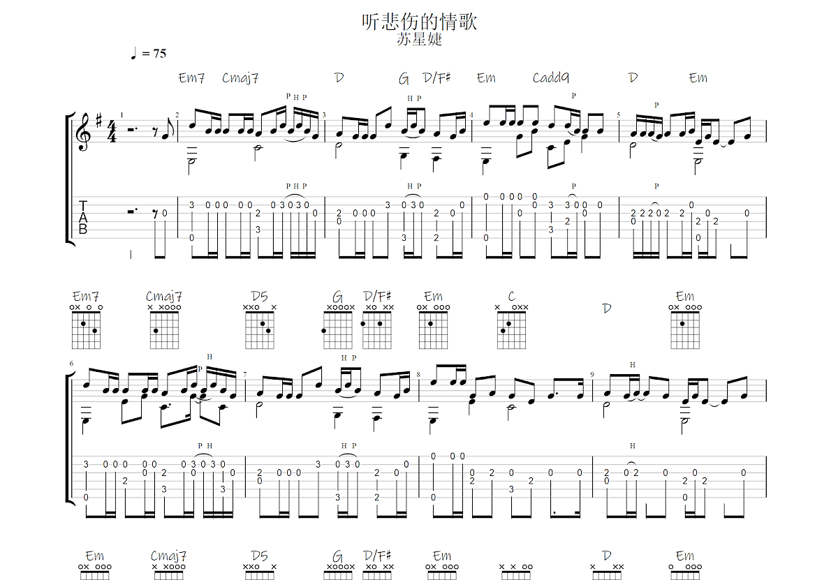 听悲伤的情歌吉他谱预览图