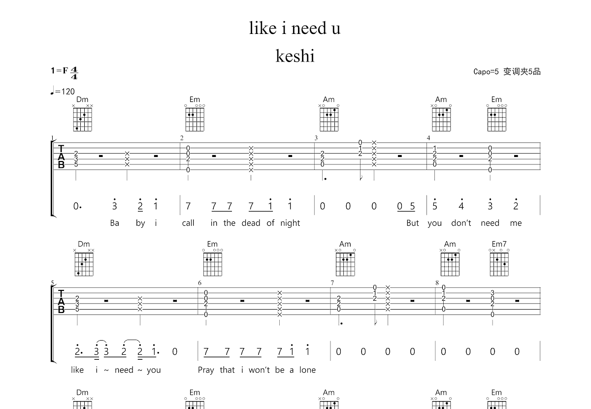 like i need u吉他谱预览图