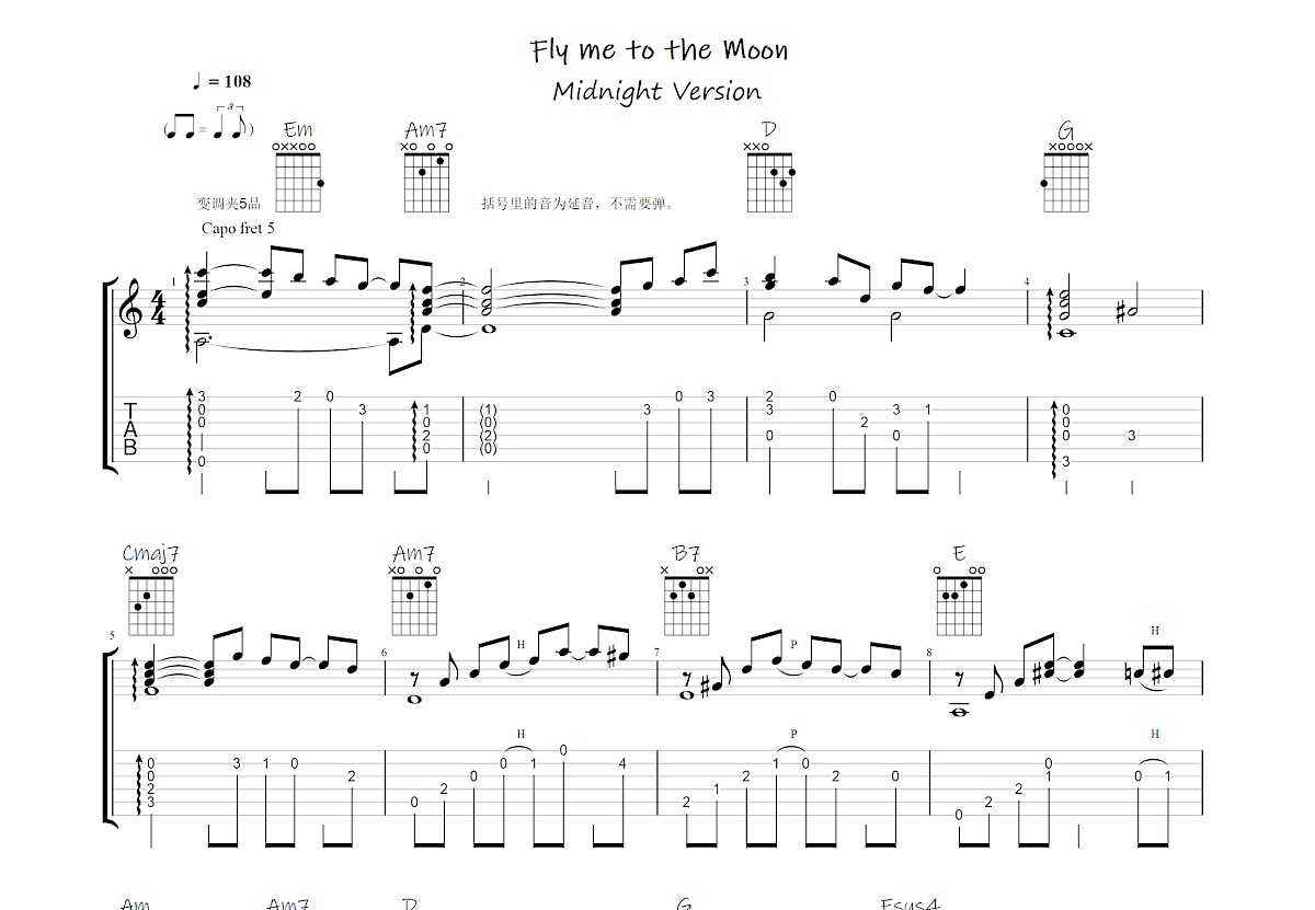 Fly Me To The Moon吉他谱预览图