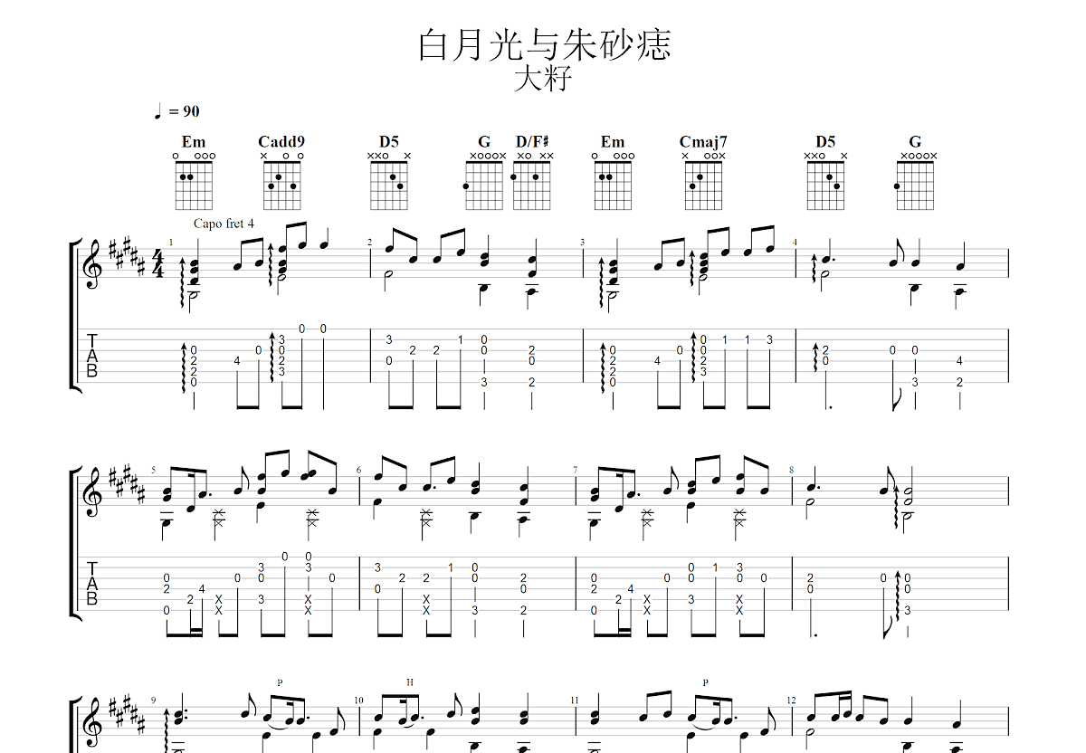 白月光与朱砂痣吉他谱预览图