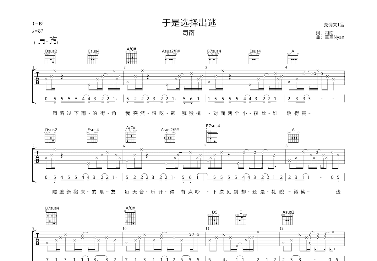 于是选择出逃吉他谱预览图