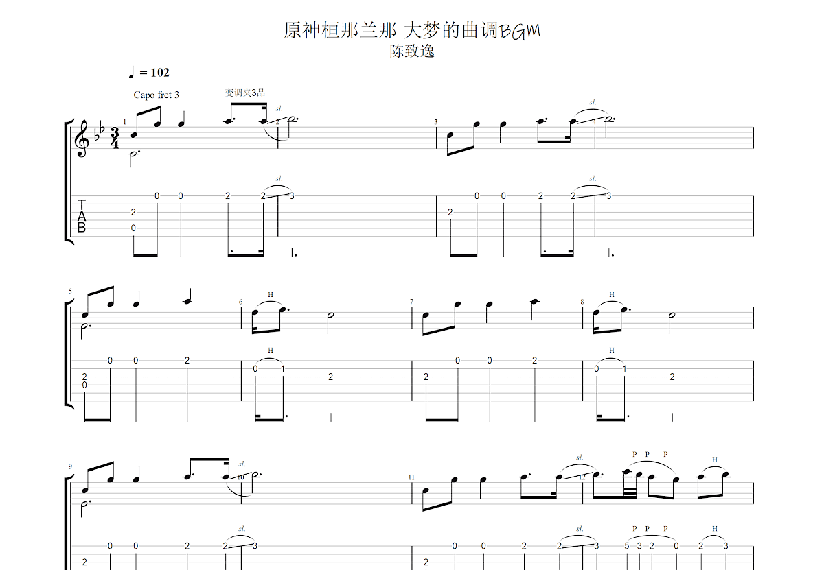 原神桓那兰那 大梦的曲调BGM吉他谱预览图