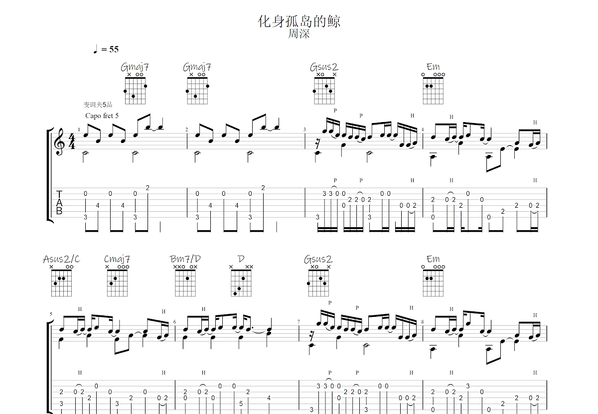 化身孤岛的鲸吉他谱预览图