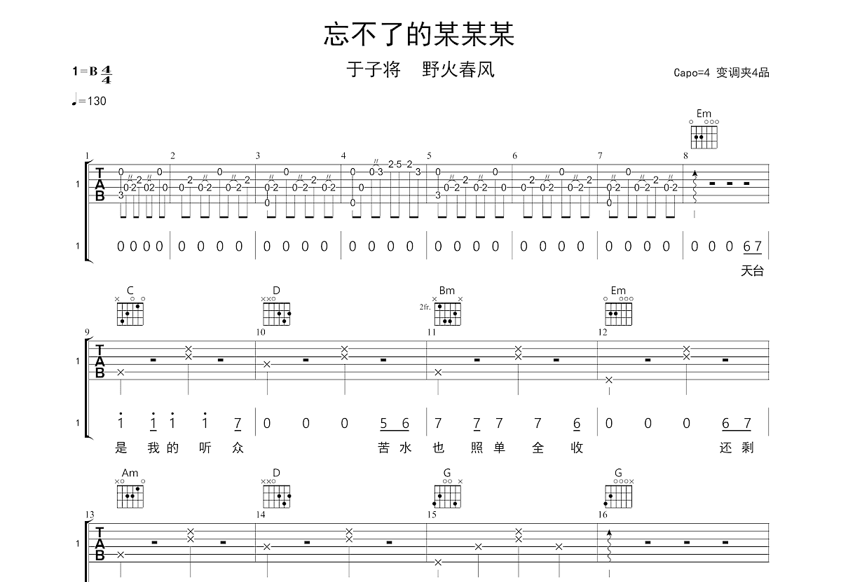 忘不了的某某某吉他谱预览图