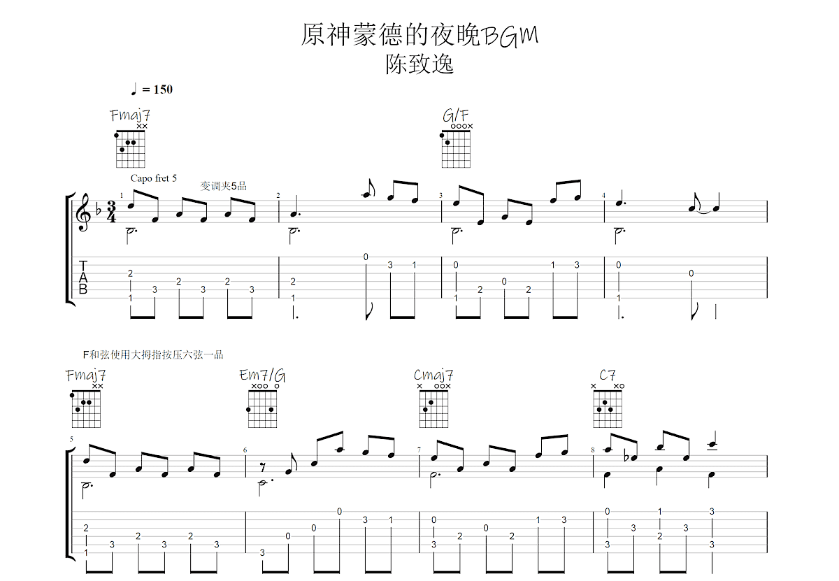 原神蒙德的夜晚BGM吉他谱预览图