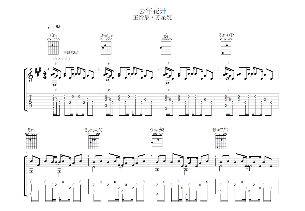 去年花开吉他谱_王忻辰,苏星婕_G调指弹
