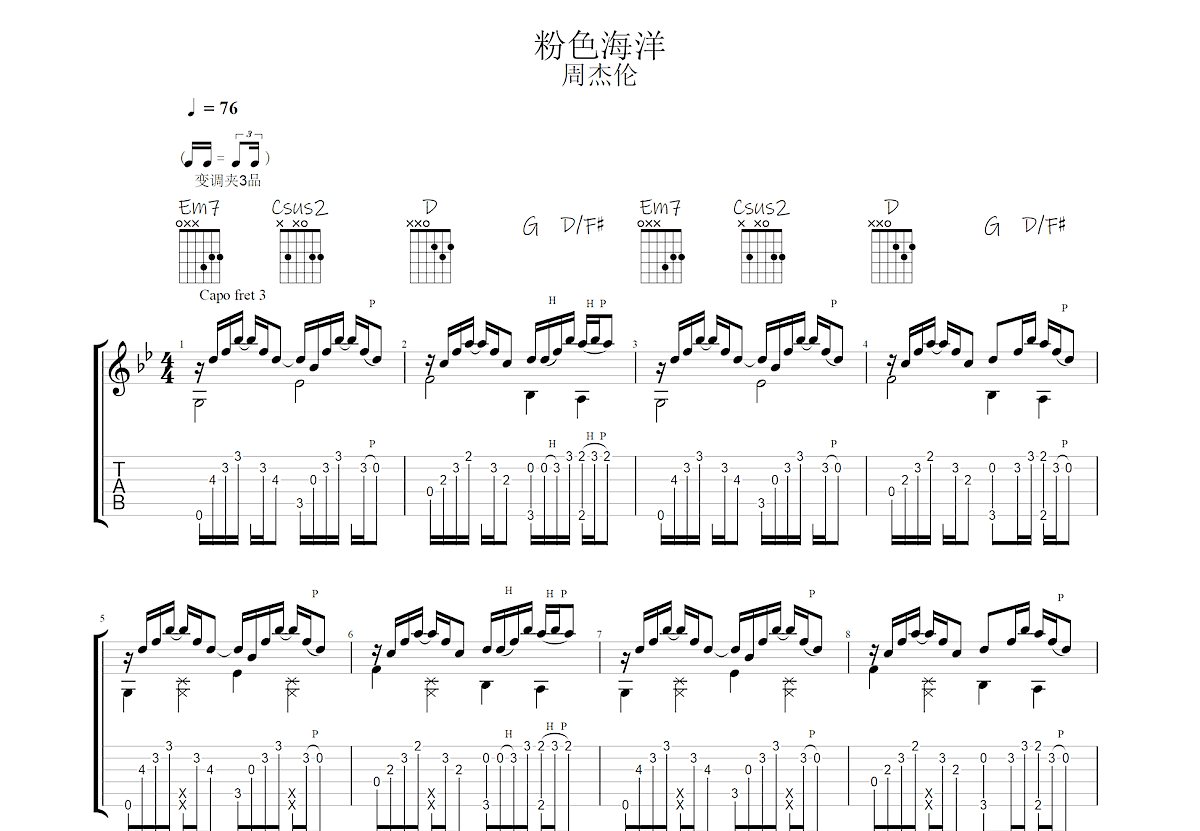 粉色海洋吉他谱预览图