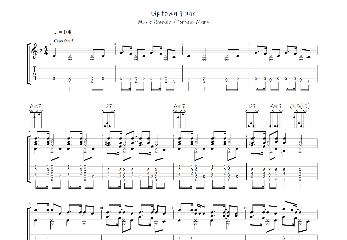 Uptown Funk吉他谱预览图
