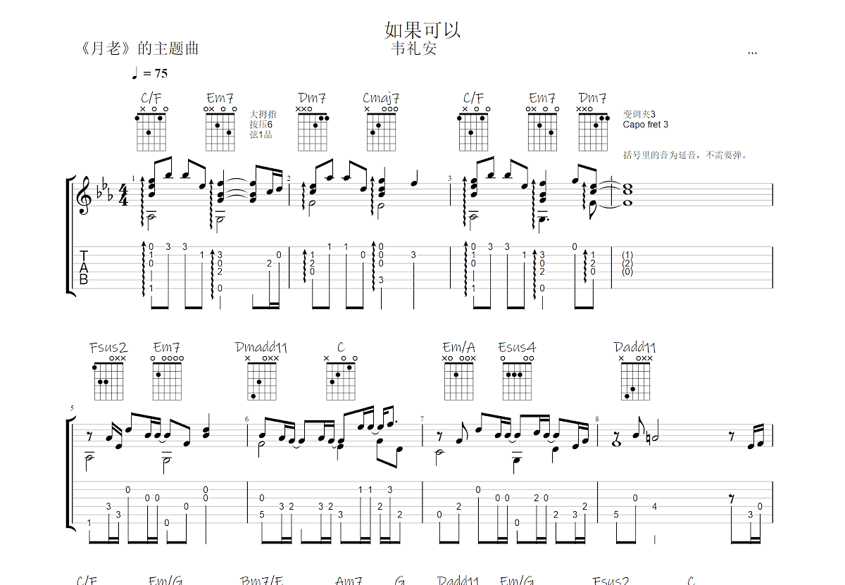 如果可以吉他谱预览图