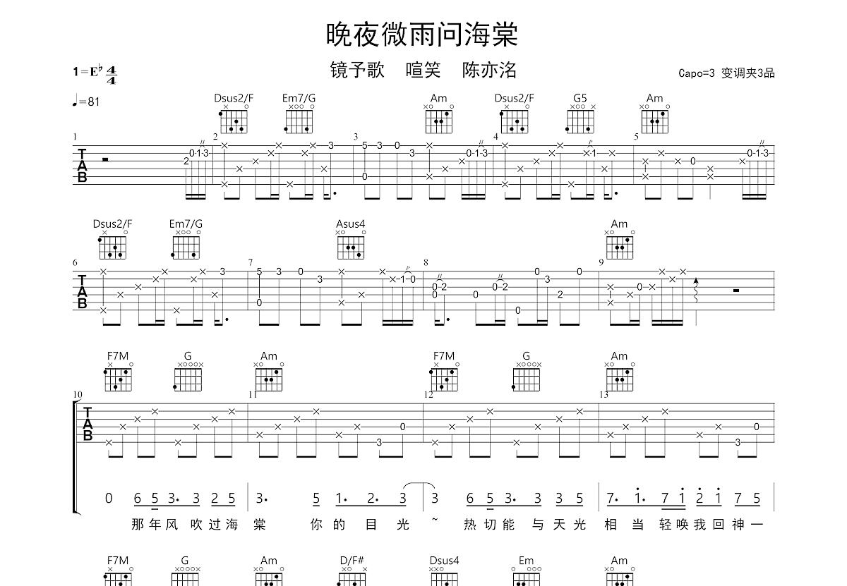 晚夜微雨问海棠吉他谱预览图