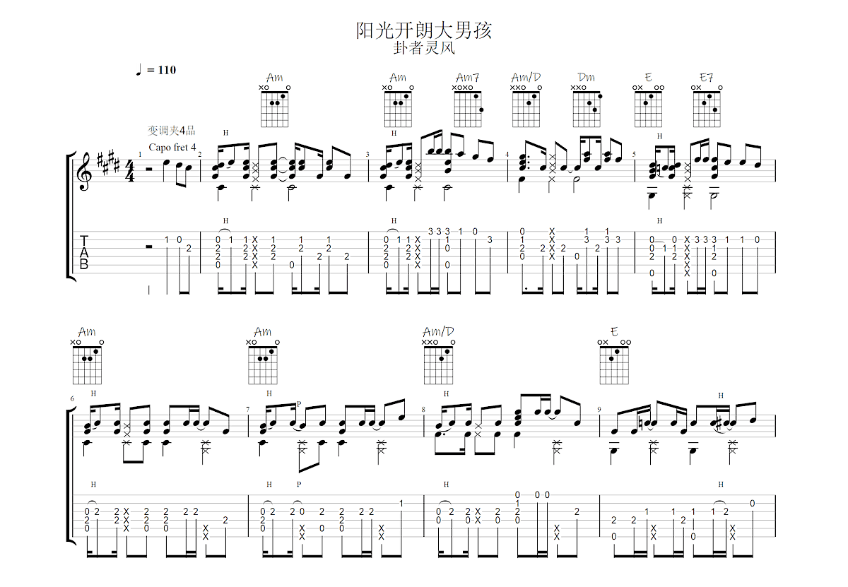 阳光开朗大男孩吉他谱预览图