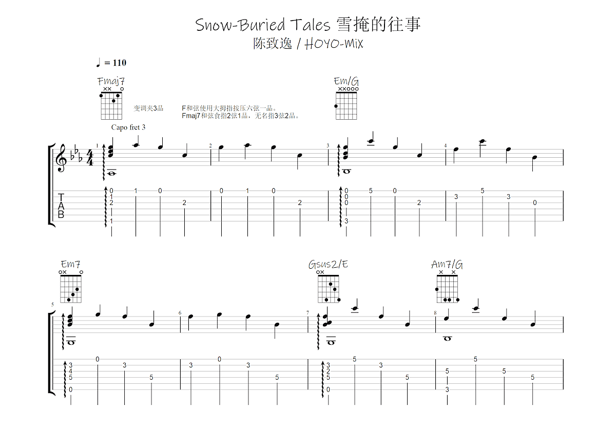 原神蒙德雪山BGM雪掩的往事吉他谱预览图