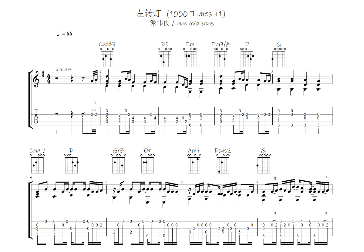 左转灯吉他谱预览图