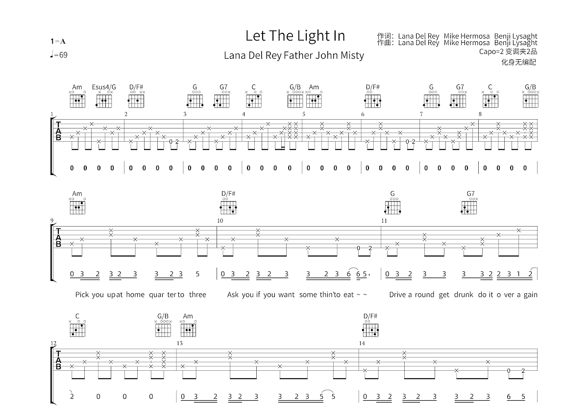 Let The Light In吉他谱_Lana Del Rey,Father John Misty_G调弹唱