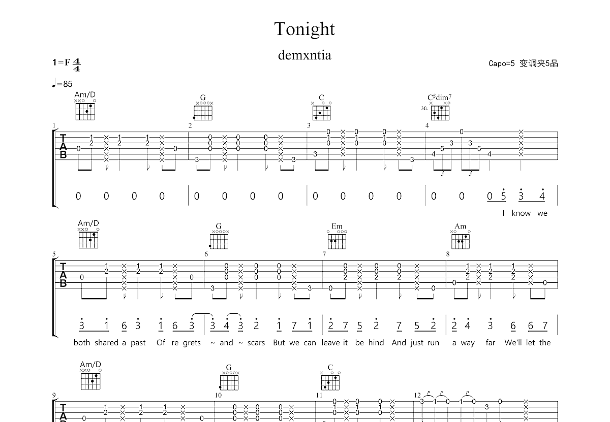 tonight吉他谱预览图