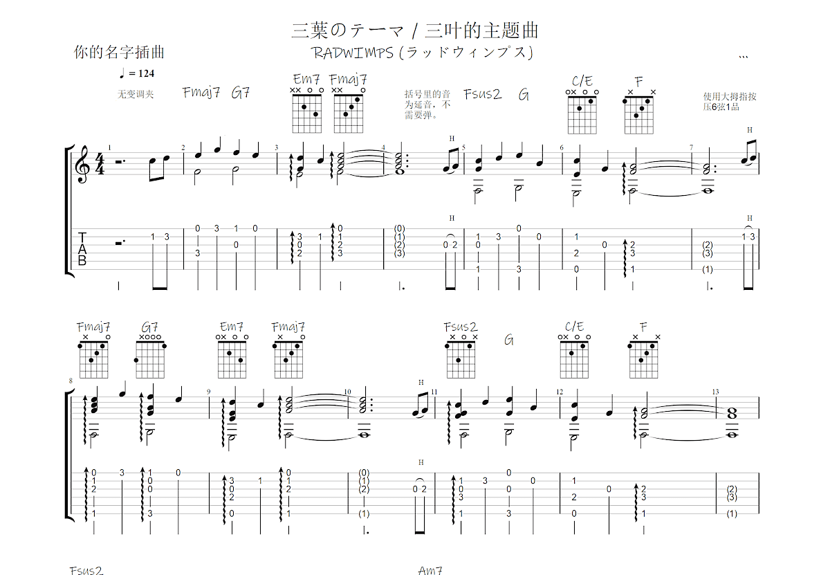 三叶的主题曲吉他谱预览图