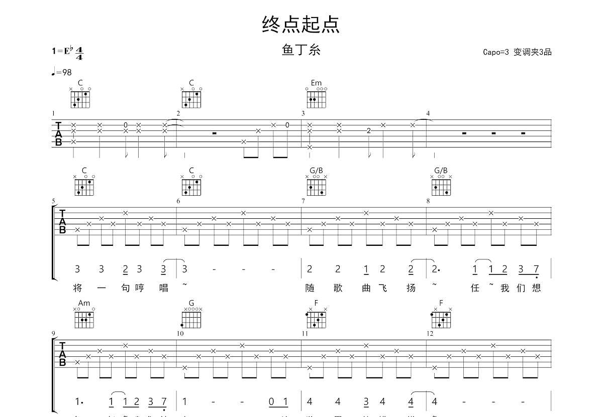 终点起点吉他谱预览图