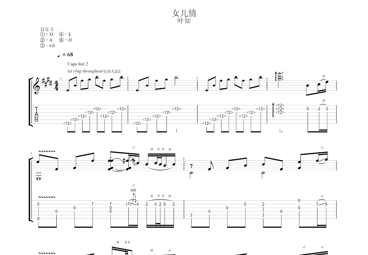 女儿情吉他谱预览图