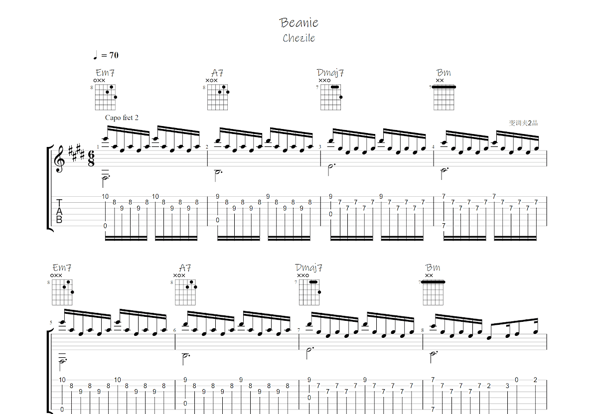 Beanie吉他谱_Chezile_D调指弹